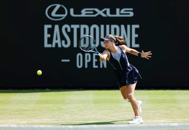RECORD DATE NOT STATED 23rd June 2026; Devonshire Park Lawn Tennis Club, Eastbourne, East Sussex, England; Lexus Eastbourne Open Tennis, Day Three; Zeynep Sonmez (TUR) plays a forehand shot against Harriet Dart (GBR) HongboxChen