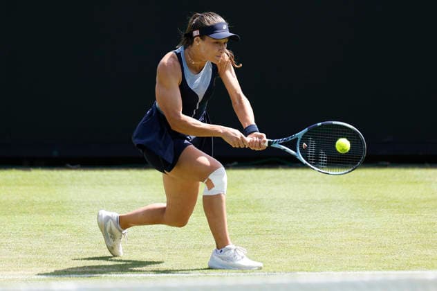 RECORD DATE NOT STATED 23rd June 2026; Devonshire Park Lawn Tennis Club, Eastbourne, East Sussex, England; Lexus Eastbourne Open Tennis, Day Three; Zeynep Sonmez (TUR) plays a backhand shot against Harriet Dart (GBR) HongboxChen