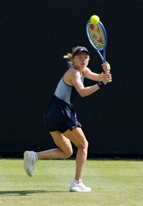 RECORD DATE NOT STATED 23rd June 2026; Devonshire Park Lawn Tennis Club, Eastbourne, East Sussex, England; Lexus Eastbourne Open Tennis, Day Three; Harriet Dart (GBR) playsa backhand shot against Zeynep Sonmez (TUR) HongboxChen
