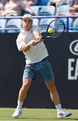 RECORD DATE NOT STATED 23rd June 2026; Devonshire Park Lawn Tennis Club, Eastbourne, East Sussex, England; Lexus Eastbourne Open Tennis, Day Three; Arthur Fery (GBR) plays a backhand shot against Roman Andres Burruchaga (ARG) HongboxChen