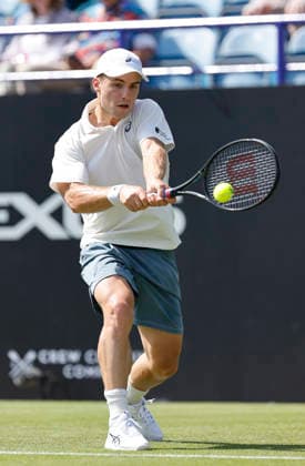 RECORD DATE NOT STATED 23rd June 2026; Devonshire Park Lawn Tennis Club, Eastbourne, East Sussex, England; Lexus Eastbourne Open Tennis, Day Three; Arthur Fery (GBR) plays a backhand shot against Roman Andres Burruchaga (ARG) HongboxChen