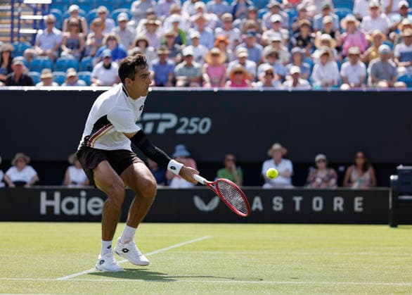 RECORD DATE NOT STATED 23rd June 2026; Devonshire Park Lawn Tennis Club, Eastbourne, East Sussex, England; Lexus Eastbourne Open Tennis, Day Three; Roman Andres Burruchaga (ARG) plays a forehand shot against Arthur Fery (GBR) HongboxChen
