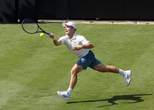 RECORD DATE NOT STATED 23rd June 2026; Devonshire Park Lawn Tennis Club, Eastbourne, East Sussex, England; Lexus Eastbourne Open Tennis, Day Three; Arthur Fery (GBR) plays a forehand shot against Roman Andres Burruchaga (ARG) HongboxChen