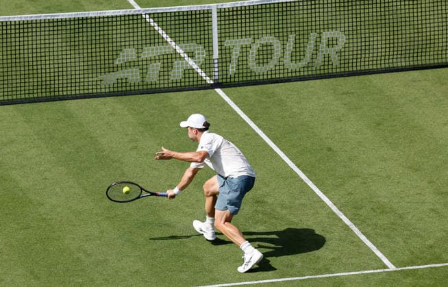 RECORD DATE NOT STATED 23rd June 2026; Devonshire Park Lawn Tennis Club, Eastbourne, East Sussex, England; Lexus Eastbourne Open Tennis, Day Three; Arthur Fery (GBR) plays a backhand shot against Roman Andres Burruchaga (ARG) HongboxChen