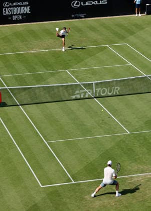 RECORD DATE NOT STATED 23rd June 2026; Devonshire Park Lawn Tennis Club, Eastbourne, East Sussex, England; Lexus Eastbourne Open Tennis, Day Three; Roman Andres Burruchaga (ARG) serves to Arthur Fery (GBR) HongboxChen