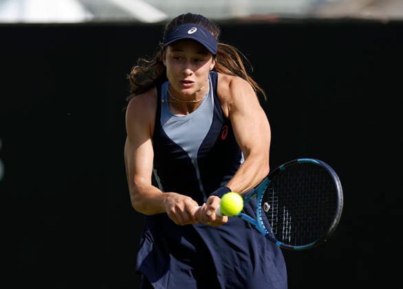 RECORD DATE NOT STATED 23rd June 2026; Devonshire Park Lawn Tennis Club, Eastbourne, East Sussex, England; Lexus Eastbourne Open Tennis, Day Three; Zeynep Sonmez (TUR) plays a backhand shot against Harriet Dart (GBR) HongboxChen