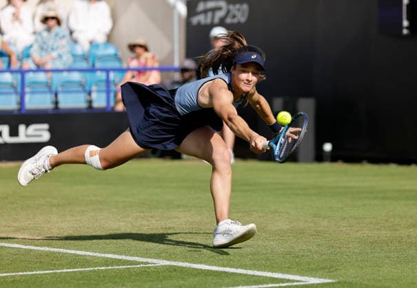 RECORD DATE NOT STATED 23rd June 2026; Devonshire Park Lawn Tennis Club, Eastbourne, East Sussex, England; Lexus Eastbourne Open Tennis, Day Three; Zeynep Sonmez (TUR) plays a backhand shot against Harriet Dart (GBR) HongboxChen