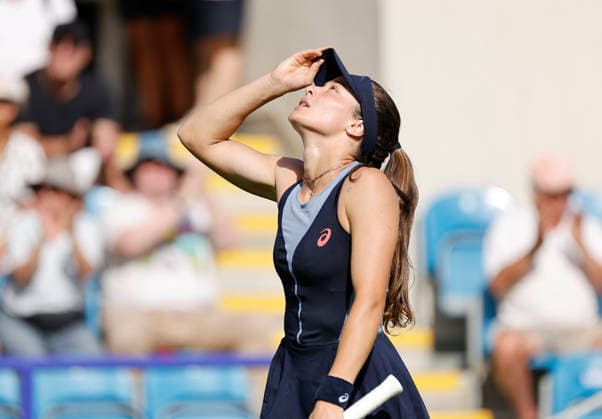 RECORD DATE NOT STATED 23rd June 2026; Devonshire Park Lawn Tennis Club, Eastbourne, East Sussex, England; Lexus Eastbourne Open Tennis, Day Three; Zeynep Sonmez (TUR) celebrates after defeating Harriet Dart (GBR) HongboxChen