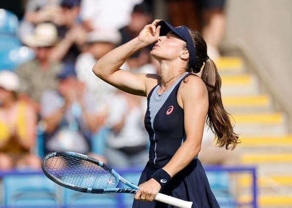 RECORD DATE NOT STATED 23rd June 2026; Devonshire Park Lawn Tennis Club, Eastbourne, East Sussex, England; Lexus Eastbourne Open Tennis, Day Three; Zeynep Sonmez (TUR) celebrates after defeating Harriet Dart (GBR) HongboxChen