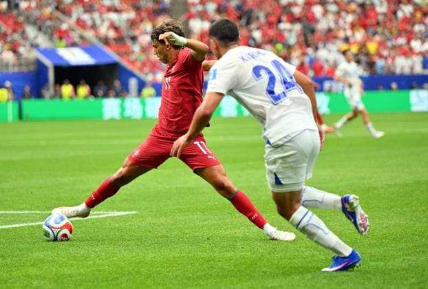 FIFA World Cup, WM, Weltmeisterschaft, Fussball 2026 - Group K - Portugal vs Uzbekistan Joao Felix of Portugal (L) and Bekhruz Karimov of Uzbekistan in action during the FIFA World Cup 2026 group stage match Portugal against Uzbekistan, in Houston, USA, 23 June 2026. HOUSTON United States  Copyright: xSAMxWASSONx