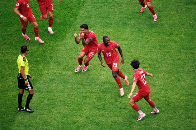 Vitinha, Nuno Mendes and Joao Cancelo seen celebrating after goal during FIFA World Cup, WM, Weltmeisterschaft, Fussball 2026 game between national teams of Portugal and Uzbekistan (Grzegorz Wajda Ball Raw Images) Houston Houston Stadium USA Copyright: xGrzegorzxWajdax grzegorzwajda_portugal_uzbekistan_2526_4-12