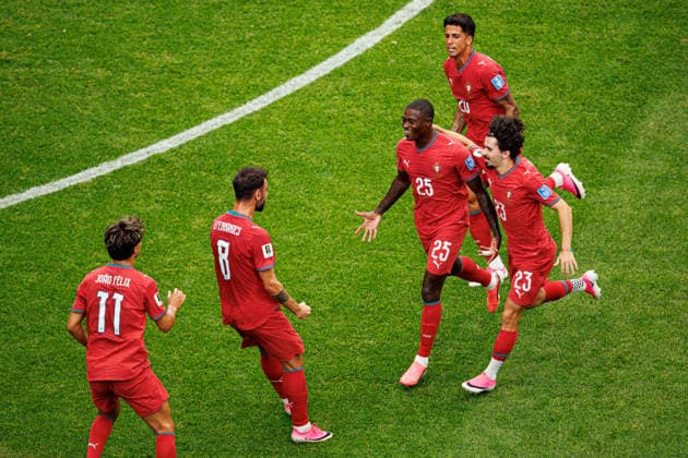 Vitinha, Nuno Mendes and Joao Cancelo seen celebrating after goal during FIFA World Cup, WM, Weltmeisterschaft, Fussball 2026 game between national teams of Portugal and Uzbekistan (Grzegorz Wajda Ball Raw Images) Houston Houston Stadium USA Copyright: xGrzegorzxWajdax grzegorzwajda_portugal_uzbekistan_2526_4-13