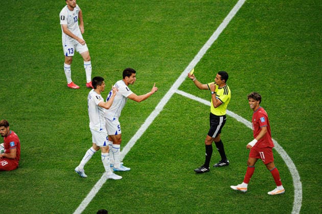 Rustam Ashurmatov, Odiljon Khamrobekov, referee Jalal Jayed and Joao Felix during FIFA World Cup, WM, Weltmeisterschaft, Fussball 2026 game between national teams of Portugal and Uzbekistan (Grzegorz Wajda Ball Raw Images) Houston Houston Stadium USA Copyright: xGrzegorzxWajdax grzegorzwajda_portugal_uzbekistan_2526_4-3