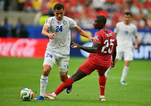 FIFA World Cup, WM, Weltmeisterschaft, Fussball 2026 - Group K - Portugal vs Uzbekistan Nuno Mendes of Portugal in action against Bekhruz Karimov of Uzbekistan (L) during the FIFA World Cup 2026 group stage match Portugal against Uzbekistan, in Houston, USA, 23 June 2026. HOUSTON United States  Copyright: xSAMxWASSONx