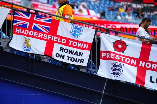 EFL club flags amongst the England fans England v Ghana, 2026 FIFA World Cup, WM, Weltmeisterschaft, Fussball Group L, Football, Boston Stadium, Foxborough, Massachusetts, USA - 23 Jun 2026Foxborough Boston Stadium Massachusetts (MA) United States of America EDITORIAL USE ONLY No use with unauthorised audio, video, data, fixture lists, club league logos or live services. Online in-match use limited to 120 images, no video emulation. No use in betting, games or single club league player publications.  Copyright: xJavierxGarcia Shutterstockx 16956021n