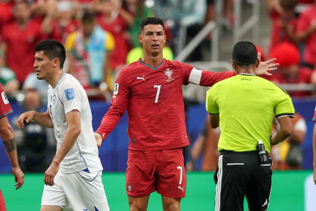 HOUSTON, TX - JUNE 23: Cristiano Ronaldo 7 of Portugal reacts to the referee not pulling a yellow card on a hard tackle during the FIFA World Cup, WM, Weltmeisterschaft, Fussball 2026 Group K match between Portugal and Uzbekistan on June 23, 2026, at Houston Stadium in Houston, Texas. (Photo by David Buono Icon Sportswire) SOCCER: JUN 23 FIFA World Cup 26 Group K - Portugal vs Uzbekistan EDITORIAL USE ONLY Icon260623039