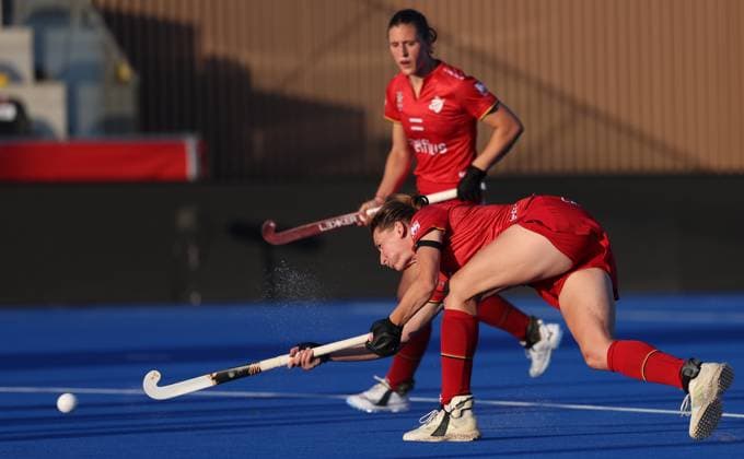 Belgium s Stephanie Vanden Borre fights for the ball during a hockey game between Belgian national team, Nationalteam Red Panthers and Australia, Tuesday 23 June 2026 in Wavre, match 13 16 in the group stage of the women s FIH Pro League competition. VIRGINIExLEFOUR  x179006128x