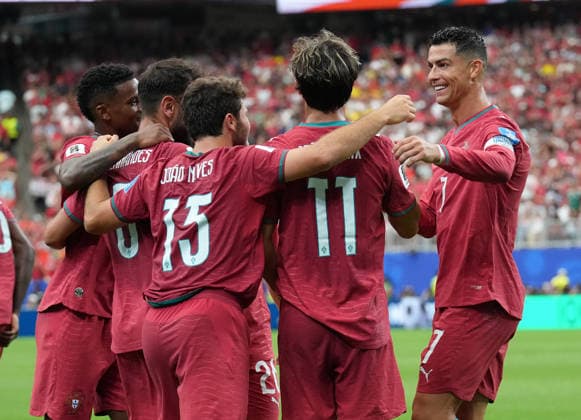 (260624) -- HOUSTON, June 24, 2026 -- Cristiano Ronaldo (1st R) of Portugal celebrates with teammates during the group K match between Portugal and Uzbekistan at the 2026 FIFA World Cup, WM, Weltmeisterschaft, Fussball at Houston Stadium in Houston, the United States, June 23, 2026. ) (SP)U.S.-HOUSTON-FOOTBALL-FIFA WORLD CUP-GROUP K-POR VS UZB XiaoxYijiu 