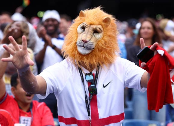Foxborough, USA, 23rd June 2026. England fan dressed as a lion during the England vs Ghana FIFA World Cup, WM, Weltmeisterschaft, Fussball match at Gillette Stadium, Foxborough. Picture credit should read: Paul Terry Sportimage EDITORIAL USE ONLY. No use with unauthorised audio, video, data, fixture lists, club league logos or live services. Online in-match use limited to 120 images, no video emulation. No use in betting, games or single club league player publications. SPI_040_PT_Eng_Ghana SPI-4840-0042