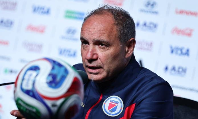 FIFA World Cup, WM, Weltmeisterschaft, Fussball 2026 - Haiti press conference, PK, Pressekonferenz Haiti™s national soccer team head coach Sebastien Migne attends a press conference in Atlanta, Georgia, USA, 23 June 2026. Morocco will face Haiti on 24 June in a FIFA World Cup 2026 group C match. ATLANTA United States  Copyright: xRONALDxWITTEKx