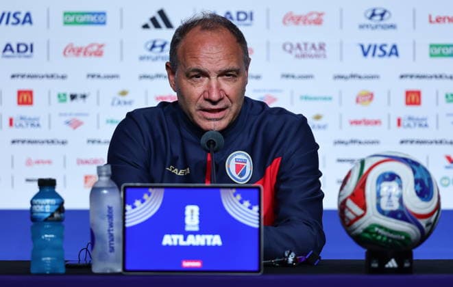 FIFA World Cup, WM, Weltmeisterschaft, Fussball 2026 - Haiti press conference, PK, Pressekonferenz Haiti™s national soccer team head coach Sebastien Migne attends a press conference in Atlanta, Georgia, USA, 23 June 2026. Morocco will face Haiti on 24 June in a FIFA World Cup 2026 group C match. ATLANTA United States  Copyright: xRONALDxWITTEKx