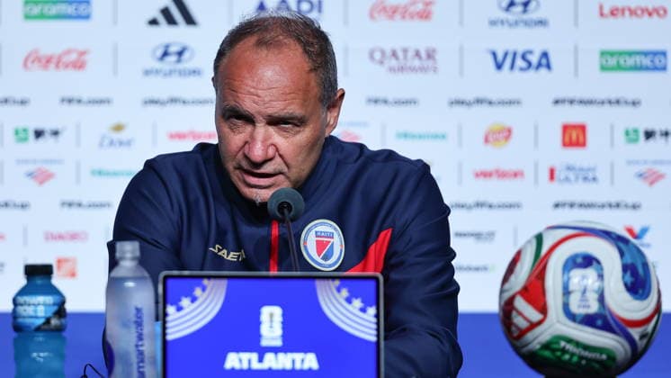 FIFA World Cup, WM, Weltmeisterschaft, Fussball 2026 - Haiti press conference, PK, Pressekonferenz Haiti™s national soccer team head coach Sebastien Migne attends a press conference in Atlanta, Georgia, USA, 23 June 2026. Morocco will face Haiti on 24 June in a FIFA World Cup 2026 group C match. ATLANTA United States  Copyright: xRONALDxWITTEKx