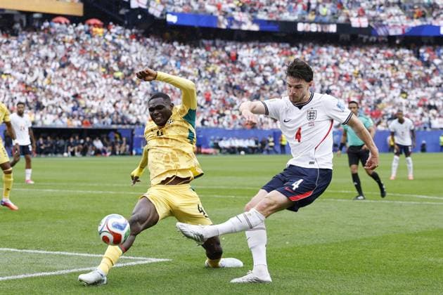 FOXBOROUGH - (LR) Jonas Adjetey of Ghana, Declan Rice of England during the FIFA 2026 World Cup Group L match between England and Ghana at Boston Stadium on June 23, 2026 in Foxborough, United States. MAURICE VAN STEEN ANP FIFA World Cup, WM, Weltmeisterschaft, Fussball 2026 2026 xVIxANPxSportx xMauricexvanxSteenxIVx 561775073 originalFilename: 561775073.jpg