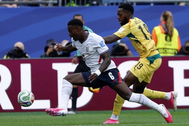 FIFA World Cup, WM, Weltmeisterschaft, Fussball 2026 - Group L - England vs Ghana Marc Guehi of England (L) in action against Inaki Williams of Ghana (R) during the FIFA World Cup 2026 group stage match England against Ghana, in Boston, Massachusetts, USA, 23 June 2026. Foxborough United States  Copyright: xGREGxM.xCOOPERx