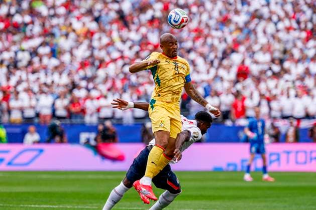 Jordan Ayew of Ghana compete for the headed ball , Group L - FIFA World Cup, WM, Weltmeisterschaft, Fussball 2026, England v Ghana, Boston Stadium, June 23, 2026, Boston, United States.