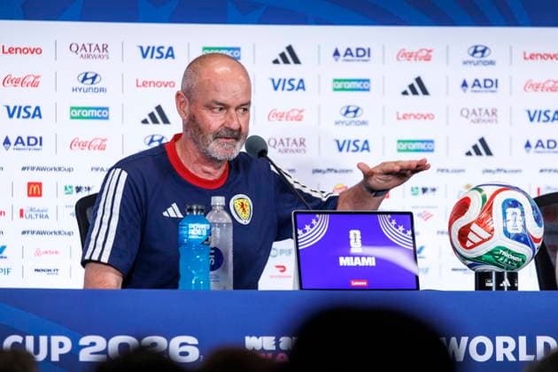 FIFA World Cup, WM, Weltmeisterschaft, Fussball 2026 - Scotland press conference, PK, Pressekonferenz Scotland s head coach Steve Clarke attends the press conference of Scotland one day ahead of the FIFA World Cup 2026 Group C match between Scotland and Brazil at Miami Stadium in Miami, Florida, USA, 23 June 2026. MIAMI FLORIDA United States  Copyright: xCRISTOBALxHERRERA-ULASHKEVICHx