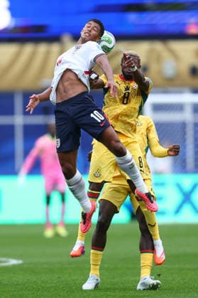 Foxborough, USA, 23rd June 2026. Jude Bellingham of England challenged by Kwasi Sibo of Ghana during the England vs Ghana FIFA World Cup, WM, Weltmeisterschaft, Fussball match at Gillette Stadium, Foxborough. Picture credit should read: Paul Terry Sportimage EDITORIAL USE ONLY. No use with unauthorised audio, video, data, fixture lists, club league logos or live services. Online in-match use limited to 120 images, no video emulation. No use in betting, games or single club league player publications. SPI_072_PT_Eng_Ghana SPI-4840-0078