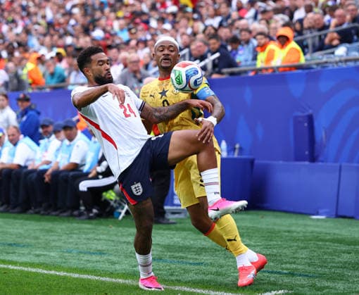 Foxborough, USA, 23rd June 2026. Reece James of England and Jordan Ayew of Ghana during the England vs Ghana FIFA World Cup, WM, Weltmeisterschaft, Fussball match at Gillette Stadium, Foxborough. Picture credit should read: Paul Terry Sportimage EDITORIAL USE ONLY. No use with unauthorised audio, video, data, fixture lists, club league logos or live services. Online in-match use limited to 120 images, no video emulation. No use in betting, games or single club league player publications. SPI_074_PT_Eng_Ghana SPI-4840-0080