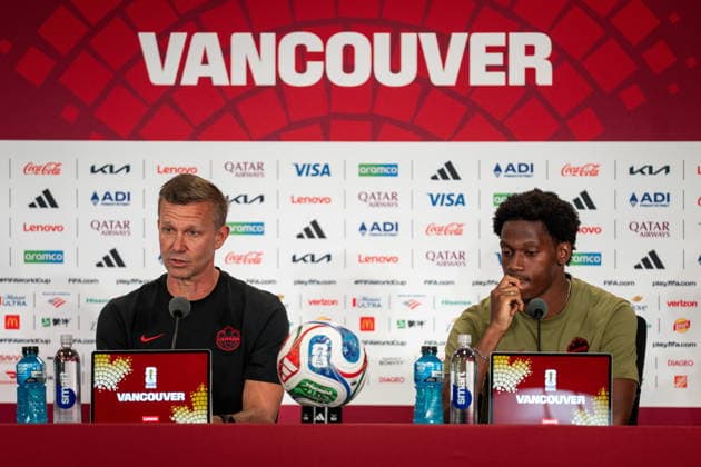 June 23, 2026, Vancouver, Bc, CANADA: Canada head coach Jesse Marsch, left, speaks beside Jonathan David during a FIFA World Cup, WM, Weltmeisterschaft, Fussball press conference, PK, Pressekonferenz in Vancouver, on Tuesday, June 23, 2026. Canada News - June 23, 2026  - ZUMAc35_ 20260623_zaf_c35_071 Copyright: xEthanxCairnsx