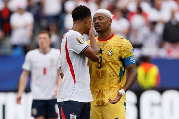 England v Ghana: Group L - FIFA World Cup, WM, Weltmeisterschaft, Fussball 2026 Jude Bellingham of England and Jordan Ayew of Ghana react during the FIFA World Cup 2026 Group L match between England and Ghana at Boston Stadium on June 23, 2026 in Foxborough, United States. Foxborough Boston Stadium MA United States Copyright: xAllstarxPicturexLibraryxLtdx