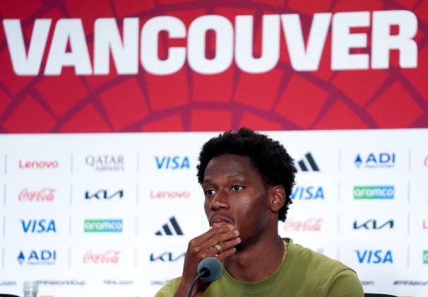 Ahead of Switzerland v Canada - FIFA World Cup, WM, Weltmeisterschaft, Fussball 2026 VANCOUVER, CANADA - JUNE 23: Head coach Jesse Marsch (not seen), and footballer Jonathan David of Canada speak to press ahead of the FIFA 2026 World Cup Group 3 match between Switzerland and Canada at BC Place Stadium in Vancouver, British Columbia, Canada on June 23, 2026. Ercin Erturk Anadolu Vancouver Canada. Editorial use only. Please get in touch for any other usage.  Copyright: x2026xAnadoluxErcinxErturkx
