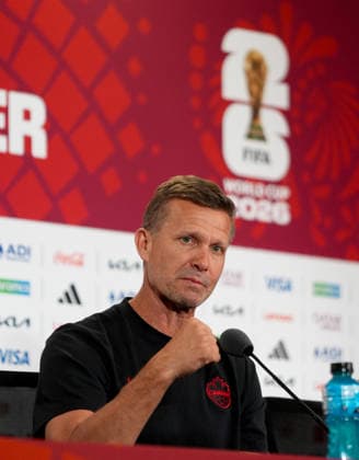 Ahead of Switzerland v Canada - FIFA World Cup, WM, Weltmeisterschaft, Fussball 2026 VANCOUVER, CANADA - JUNE 23: Head coach Jesse Marsch, and footballer Jonathan David (not seen) of Canada speak to press ahead of the FIFA 2026 World Cup Group 3 match between Switzerland and Canada at BC Place Stadium in Vancouver, British Columbia, Canada on June 23, 2026. Ercin Erturk Anadolu Vancouver Canada. Editorial use only. Please get in touch for any other usage.  Copyright: x2026xAnadoluxErcinxErturkx
