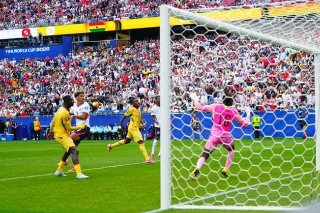 Nico O Reilly of England hits the bar with a header England v Ghana, 2026 FIFA World Cup, WM, Weltmeisterschaft, Fussball Group L, Football, Boston Stadium, Foxborough, Massachusetts, USA - 23 Jun 2026Foxborough Boston Stadium Massachusetts (MA) United States of America EDITORIAL USE ONLY No use with unauthorised audio, video, data, fixture lists, club league logos or live services. Online in-match use limited to 120 images, no video emulation. No use in betting, games or single club league player publications.  Copyright: xJavierxGarcia Shutterstockx 16956021dy