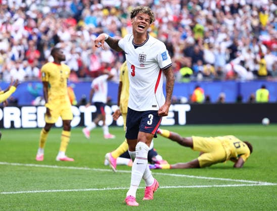 Foxborough, USA, 23rd June 2026. Nico O Reilly of England reacts after heading against the bar during the England vs Ghana FIFA World Cup, WM, Weltmeisterschaft, Fussball match at Gillette Stadium, Foxborough. Picture credit should read: Paul Terry Sportimage EDITORIAL USE ONLY. No use with unauthorised audio, video, data, fixture lists, club league logos or live services. Online in-match use limited to 120 images, no video emulation. No use in betting, games or single club league player publications. SPI_108_PT_Eng_Ghana SPI-4840-0114
