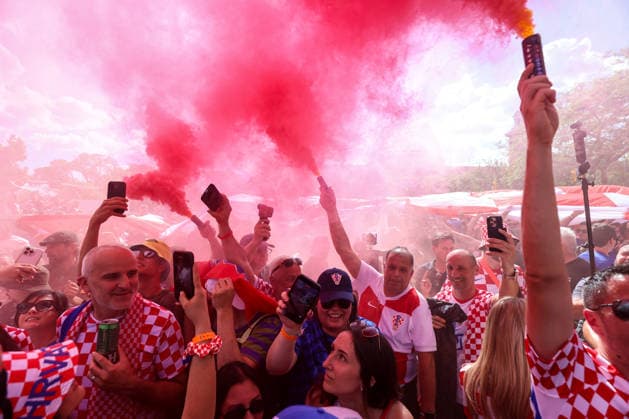 Toronto Croatia Flag Parade Thousands of Croatian fans pack Main Street as they carry a large Croatian flag during a Croatian parade before the FIFA World Cup, WM, Weltmeisterschaft, Fussball 2026 Group L match between Panama and Croatia on June 23, 2026 in Toronto, Ontario.  SanjinxStrukic PIXSELL