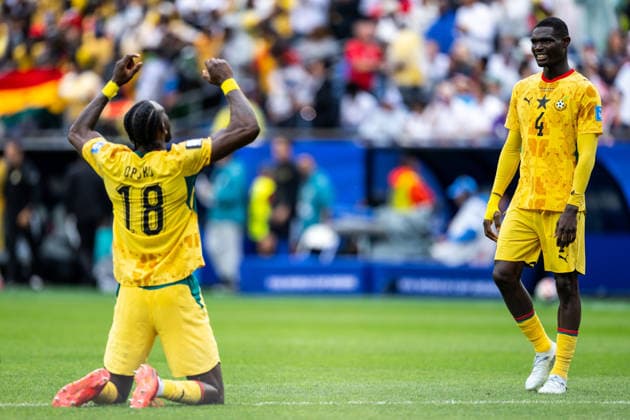 260623 Jerome Opoku and Jonas Adjetey of Ghana after the FIFA World Cup, WM, Weltmeisterschaft, Fussball 2026 group stage football match between England and Ghana on June 23, 2026 in Foxborough. Photo: Jon Olav Nesvold BILDBYRAN COP 217 JE0135 fotboll football soccer fotball vm fotbolls-vm fotball-vm fotbolls-vm 2026 fifa world cup 2026 13 bbeng jubel *** June 23, 2026  Copyright: JONxOLAVxNESVOLD BB260623JE084