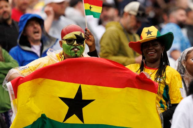 Ghana fans dance in the stangs before the start of the of the FIFA World Cup, WM, Weltmeisterschaft, Fussball match between England and Ghana at Gillette Stadium in Foxborough, Massachusetts, on Tuesday, June 23, 2026.  BOP20260623011 CJxGUNTHER