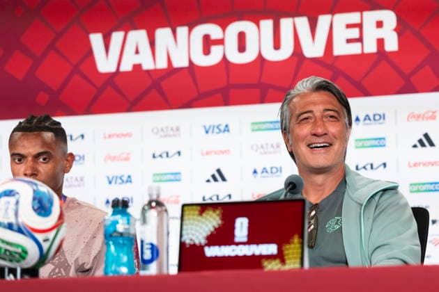 Switzerland press conference, PK, Pressekonferenz during the 2026 FIFA World Cup, WM, Weltmeisterschaft, Fussball in Vancouver Switzerland s head coach Murat Yakin (R) reacts next to his player Manuel Akanji during a press conference one day ahead of the 2026 FIFA World Cup Group B soccer match between Switzerland and Canada at the BC Place stadium in Vancouver, Canada, 23 June 2026. VANCOUVER Canada  Copyright: xPETERxKLAUNZERx