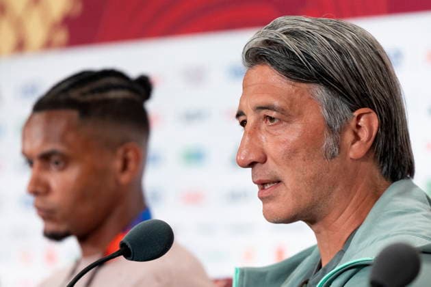Switzerland press conference, PK, Pressekonferenz during the 2026 FIFA World Cup, WM, Weltmeisterschaft, Fussball in Vancouver Switzerland s head coach Murat Yakin (R) speaks next to his player Manuel Akanji during a press conference one day ahead of the 2026 FIFA World Cup Group B soccer match between Switzerland and Canada at the BC Place stadium in Vancouver, Canada, 23 June 2026. VANCOUVER Canada  Copyright: xPETERxKLAUNZERx