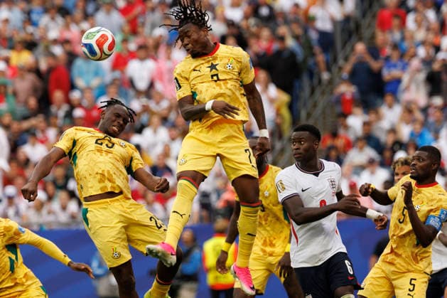 Ghana defender Derrick Luckassen, Ghana forward Abdul Fatawu, England defender Marc Guehi and Ghana midfielder Thomas Partey in action during the second half of their FIFA World Cup, WM, Weltmeisterschaft, Fussball match at Gillette Stadium in Foxborough, Massachusetts, on Tuesday, June 23, 2026.  BOP20260623032 CJxGUNTHER