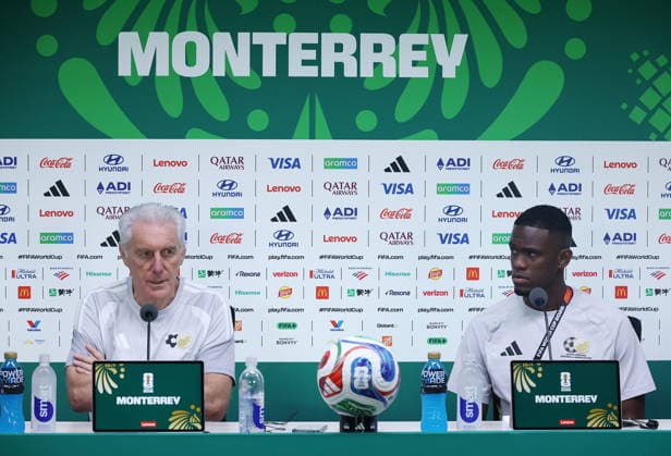 FIFA World Cup, WM, Weltmeisterschaft, Fussball 2026 - South Africa press conference, PK, Pressekonferenz South Africa head coach Hugo Broos (L) and Sphephelo Sithole attend a press conference at Estadio Monterrey in Guadalupe, Mexico, 23 June 2026. GUADALUPE Mexico  Copyright: xYONHAPx