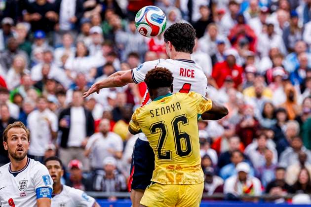 Declan Rice of England and Marvin Senaya of Ghana compete for the headed ball , Group L - FIFA World Cup, WM, Weltmeisterschaft, Fussball 2026, England v Ghana, Boston Stadium, June 23, 2026, Boston, United States.