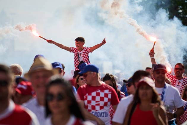 June 23, 2026, Toronto, On, Canada: Croatia fans march towards Toronto Stadium before a FIFA World Cup, WM, Weltmeisterschaft, Fussball group-stage soccer match against Panama in Toronto, on Tuesday, June 23, 2026. Canada News - June 23, 2026  - ZUMAc35_ 20260623_zaf_c35_127 Copyright: xSammyxKoganx