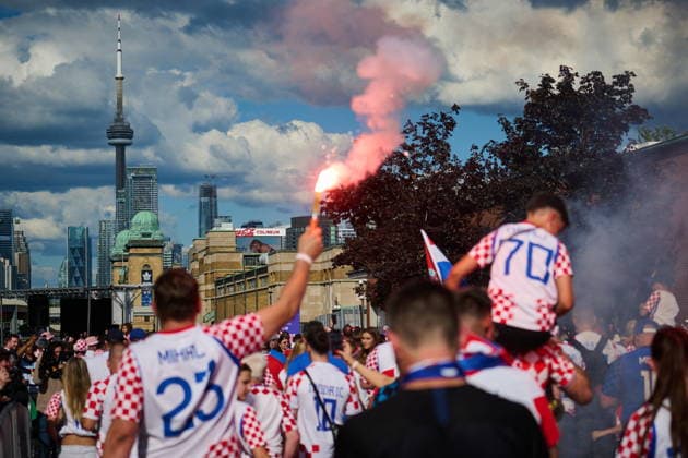 June 23, 2026, Toronto, On, Canada: Croatia fans march towards Toronto Stadium before a FIFA World Cup, WM, Weltmeisterschaft, Fussball group-stage soccer match against Panama in Toronto, on Tuesday, June 23, 2026. Canada News - June 23, 2026  - ZUMAc35_ 20260623_zaf_c35_128 Copyright: xSammyxKoganx