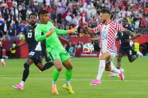 June 23, 2026, Toronto, On, CANADA: Panama goalkeeper Orlando Mosquera (22) stops Croatia s Marco Pasalic (24) as Panama s Michael Amir Murillo (23) looks on during the second half of a World Cup Group L soccer match, in Toronto, on Tuesday, June 23, 2026. Canada News - June 23, 2026  - ZUMAc35_ 20260623_zaf_c35_210 Copyright: xNathanxDenettex