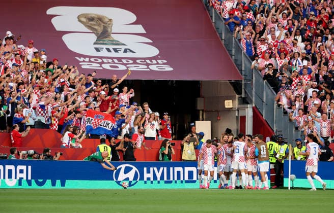 (260624) -- TORONTO, June 24, 2026 -- Players of Croatia celebrate scoring during the group L match between Croatia and Panama at the 2026 FIFA World Cup, WM, Weltmeisterschaft, Fussball at Toronto Stadium in Toronto, Canada, on June 23, 2026. (Photo by Xinhua) (SP)CANADA-TORONTO-FOOTBALL-FIFA WORLD CUP-GROUP L-CRO VS PAN ZouxZheng 